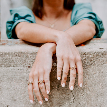 Heart-shaped ring with stones.